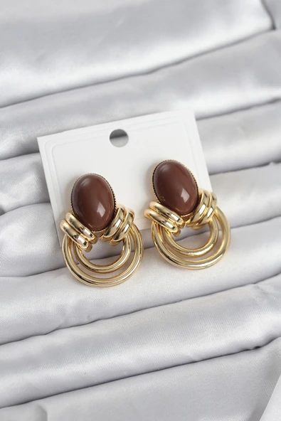Pirinç Gold Renk Kahverengi Taşlı Vintage Kadın Küpe TJ-BKP11680 ürün görseli 1
