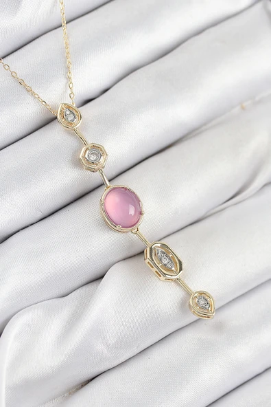 Pirinç Zincir Pembe Gold Renk Zirkon Taşlı Y Kolye TJ-BKO10554 ürün görseli 1