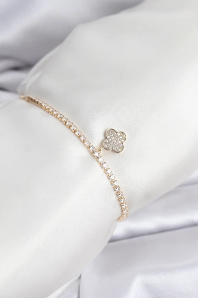Yonca Model Zirkon Taşlı Gold Renk Asansörlü Su Yolu Bileklik TJ-BB8244 ürün görseli 1