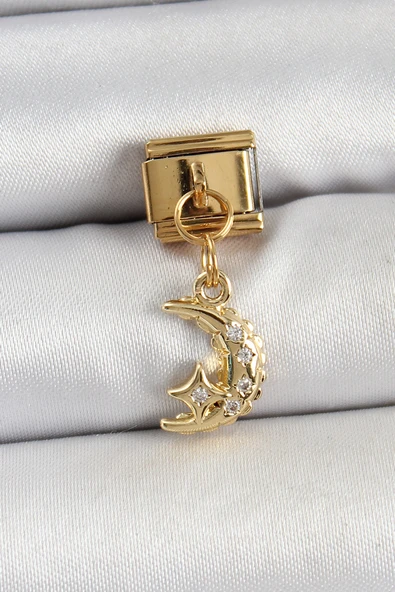 316L Çelik Sallantılı Zirkon Taşlı Ay Model Gold Renk Nomination Charm - TJ-BC1431 ürün görseli 1