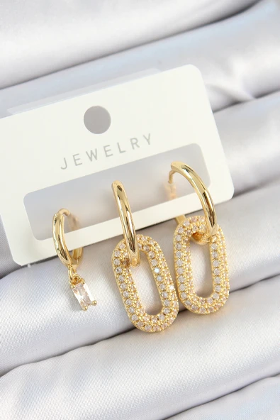 Pirinç Zirkon Taşlı Dikdörtgen Model Gold Renk 3'lü Çift Kadın Küpe Set TJ-BKP10816 ürün görseli 1