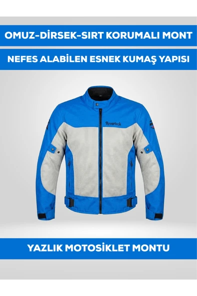 REVERTECH Mavi-Beyaz Yazlık Fileli Motosiklet Montu CE Korumalı Nefes Alan Hafif Mont + Buff ve Anahtarlık Hediyeli ürün görseli 1