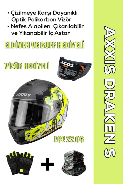 AXXIS Draken S Trooper D3 / Mat Flu Sarı Full Face Motosiklet Kaskı - İntercom Uyumlu, DOT VE ECE 22.06 + ELDİVEN ve BUFF HEDİYELİ ürün görseli 1