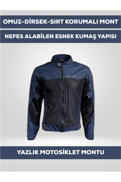 REVERTECH Lacivert Yazlık Fileli Motosiklet Montu CE Korumalı Nefes Alan Hafif Mont ürün görseli 1