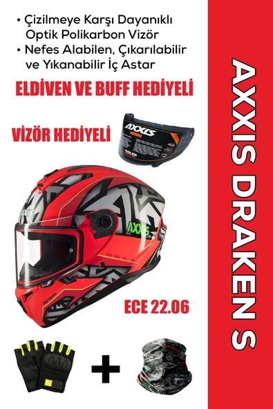 AXXIS Draken S Jolly CS / Mat Kırmızı Full Face Motosiklet Kaskı - İntercom Uyumlu, DOT VE ECE 22.06 + ELDİVEN ve BUFF HEDİYELİ ürün görseli 1