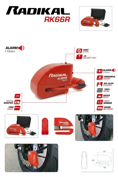 Radikal RK66R Motosiklet Disk Kilit Alarmı 110db Güçlendirilmiş Su Geçirmez Kilit + BUFF HEDİYELİ ürün görseli 1