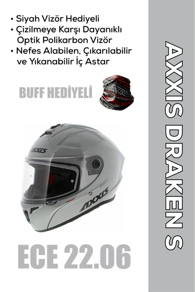 AXXIS Draken S SOLID / Parlak Gri Full Face Motosiklet Kaskı Siyah Vizör Hediyeli ürün görseli 1