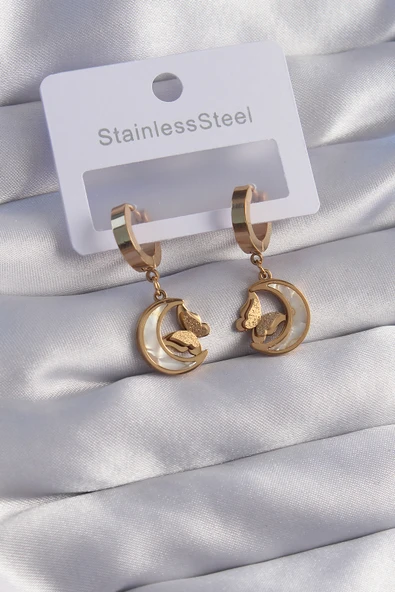 316L Çelik Gold Renk Mineli Ay Figürlü Küpe - TJ-BKP9067 ürün görseli 1