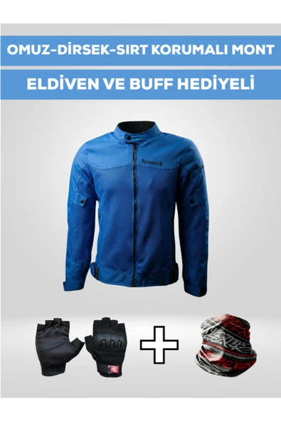 MOTOKIT Revertech Aura Mavi / Bel, Dirsek ve Sırt Korumalı Motosiklet Montu + ELDİVEN VE BUFF HEDİYELİ ürün görseli 1