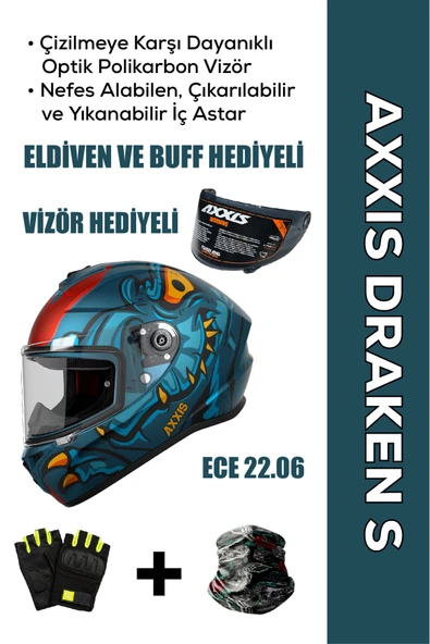 AXXIS Draken S Dinatoon C7 / Mat Mavi Full Face Motosiklet Kaskı - İntercom Uyumlu, DOT VE ECE 22.06 + ELDİVEN ve BUFF HEDİYELİ ürün görseli 1