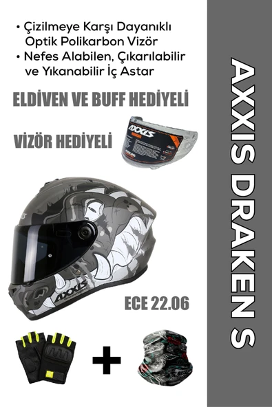 AXXIS Draken S Trooper D2 / Mat Gri Full Face Motosiklet Kaskı - İntercom Uyumlu, DOT VE ECE 22.06 + ELDİVEN ve BUFF HEDİYELİ ürün görseli 1