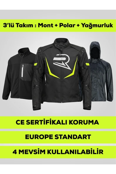 REVO HAWK Neon Sarı Unisex Motosiklet Montu 3 Katmanlı 4 Mevsim CE Korumalı Reflektörlü ürün görseli 1