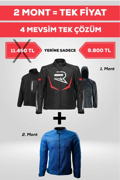 4 Mevsim Tek Paket Motosiklet Montu  Yazlık Fileli + Kışlık Mont + Yağmurluk + Polar ürün görseli 1