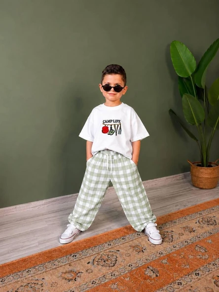 Cg Kids  Camp Life Nakışlı Tişört ve Ekose Pantolon Erkek Çocuk Alt Üst Takımı / Su Yeşili ürün görseli 1
