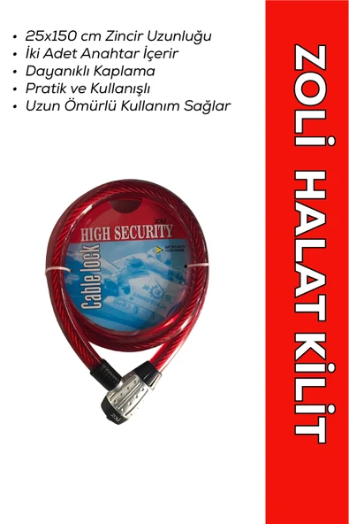 MOTOKIT Zoli Motosiklet Kilidi Güçlendirilmiş İki Anahtarlı Halat Zincir Kilit 25x150 ürün görseli 1