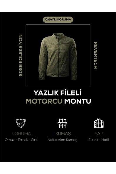 REVERTECH Haki Yeşil Yazlık Fileli Motosiklet Montu CE Korumalı Nefes Alan Hafif Mont + Buff ve Anahtarlık Hediyeli ürün görseli 1