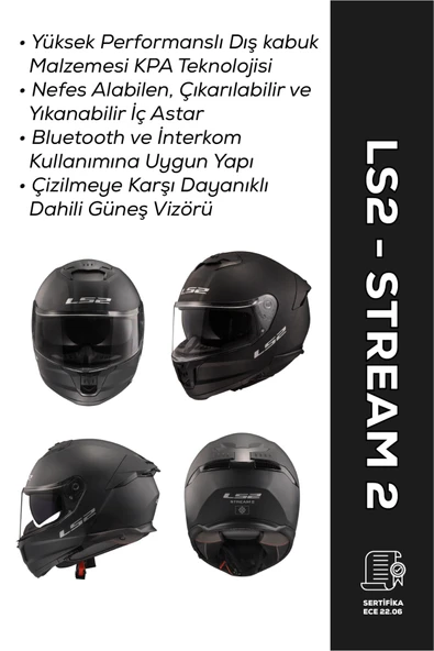 LS2 Stream 2 Mat Siyah Motosiklet Kaskı – Full Face, Güvenli & Konforlu Tasarım ürün görseli 1