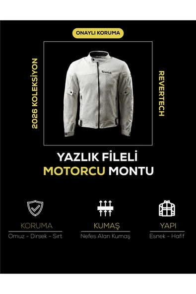 REVERTECH Beyaz Yazlık Fileli Motosiklet Montu CE Korumalı Nefes Alan Hafif Mont + Buff ve Anahtarlık Hediyeli ürün görseli 1