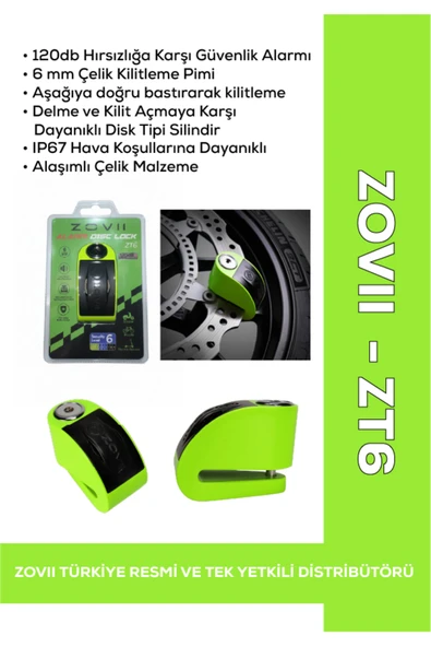 ZOVII ZT6 | Yeşil 120 dB Alarmlı Motosiklet Disk Kilidi – IP67, Su Geçirmez, Çelik Güvenlik Kilidi ürün görseli 1