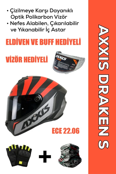 AXXIS Draken S Primier B5 / Mat Kırmızı Full Face Motosiklet Kaskı - İntercom Uyumlu, DOT VE ECE 22.06 + ELDİVEN ve BUFF HEDİYELİ ürün görseli 1
