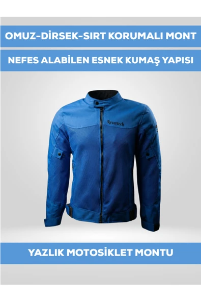 REVERTECH Mavi Yazlık Fileli Motosiklet Montu CE Korumalı Nefes Alan Hafif Mont + Buff ve Anahtarlık Hediyeli ürün görseli 1