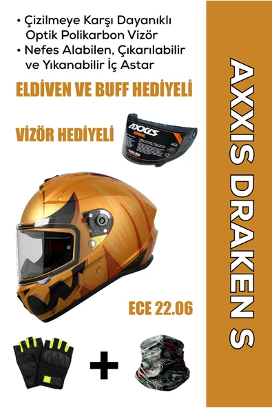 AXXIS Draken S Pumpkin C3 / Mat Sarı Full Face Motosiklet Kaskı - İntercom Uyumlu, DOT VE ECE 22.06 + ELDİVEN ve BUFF HEDİYELİ ürün görseli 1