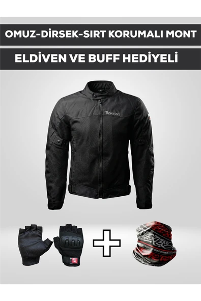 MOTOKIT Revertech Aura Siyah / Bel, Dirsek ve Sırt Korumalı Motosiklet Montu + ELDİVEN VE BUFF HEDİYELİ ürün görseli 1