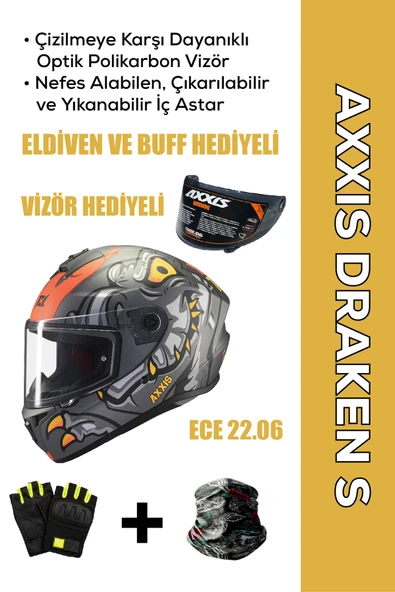 AXXIS Draken S Dinatoon B5 / Mat Kırmızı Full Face Motosiklet Kaskı - İntercom Uyumlu, DOT VE ECE 22.06 + ELDİVEN ve BUFF HEDİYELİ ürün görseli 1