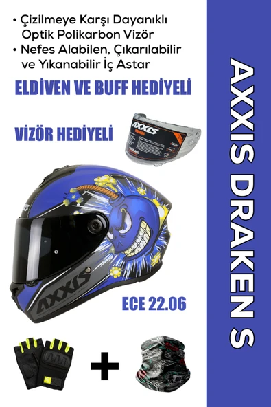 AXXIS Draken S Bombs B7 / Mat Mavi Full Face Motosiklet Kaskı - İntercom Uyumlu, DOT VE ECE 22.06 + ELDİVEN ve BUFF HEDİYELİ ürün görseli 1