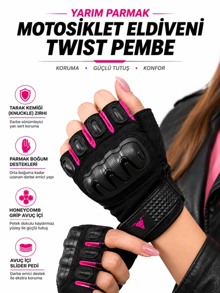 Twist Pembe / Yarım Parmak - Kaymaz Avuç İçi Kadın Motosiklet Eldiveni ürün görseli 1