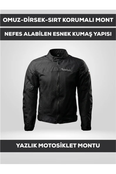 REVERTECH Siyah Yazlık Fileli Motosiklet Montu CE Korumalı Nefes Alan Hafif Mont + Buff ve Anahtarlık Hediyeli ürün görseli 1