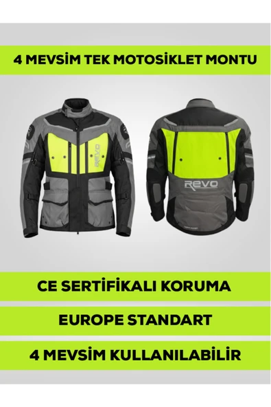 REVO STORK Neon Sarı 4 Mevsim Unisex Motosiklet Montu CE Korumalı Reflektörlü ürün görseli 1