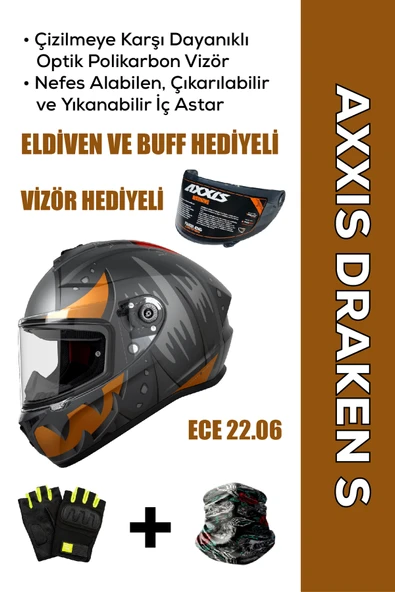 AXXIS Draken S Pumpkin B4 / Fosfor Turuncu Full Face Motosiklet Kaskı - İntercom Uyumlu, DOT VE ECE 22.06 + ELDİVEN ve BUFF HEDİYELİ ürün görseli 1