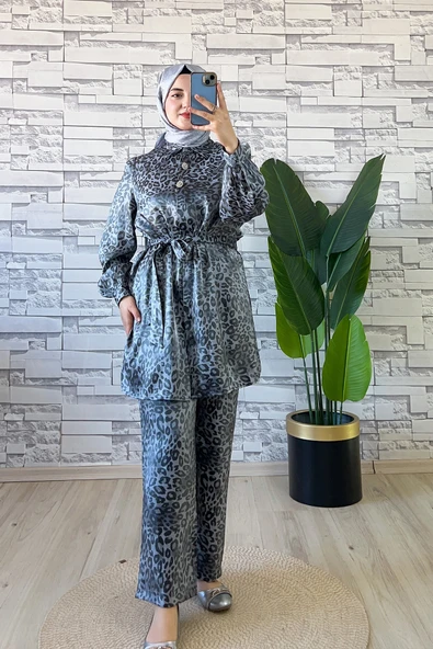 Leopar Desenli İkili Takım Gri ürün görseli 1