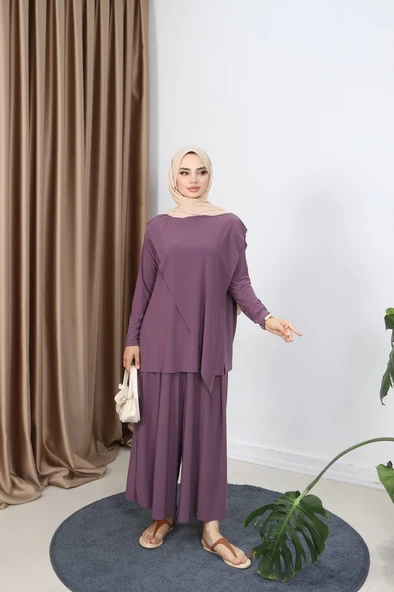 Asimetrik Etek Pantolon Sandy Takım - Gül Kurusu ürün görseli 1