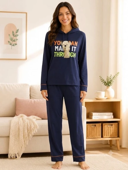 Kadın Lacivert Kapşonlu Pijama Takımı ürün görseli 1