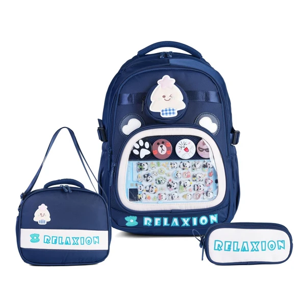 Relaxion Rlx-1815 3'lü Set Çocuk İlkokul Çantası Kalemlikli Beslenme Çantalı Sırt Çantası LACİVERT ürün görseli 1