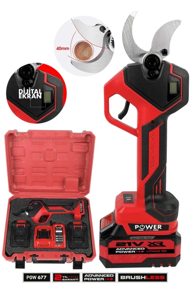 POWER BLACK 40 MM DİJİTAL GÖSTERGELİ BUDAMA MAKASI ÇİFT BATARYALI 1 ŞARJ CİHAZLI ürün görseli 1
