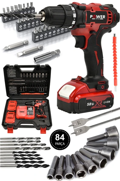 POWER BLACK 58 Vf 5 Ah Metal Şanzıman Çift Akülü Şarjlı Matkap 84 Parça Akülü Vidalama Set ürün görseli 1
