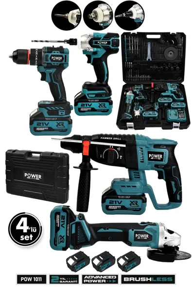 POWER BLACK Profesyonel 21V 4'lü Set Somun Sıkma Sökme & Matkap & Kırıcı Delici Hilti & Taşlama ürün görseli 1
