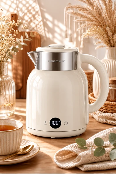 Premier PRK 2516E Paslanmaz Çelik Hazneli Dijital Göstergeli Su Isıtıcısı Cool Touch Kettle - Krem ürün görseli 1