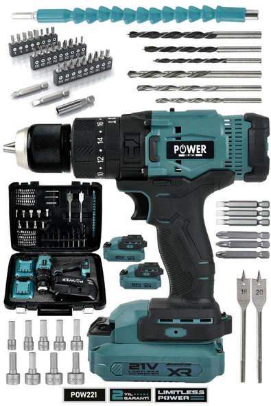 POWER BLACK Profesyonel 21V Çift Akülü 13 mm kömürlü Darbeli Şarjlı Matkap Akülü Vidalama ürün görseli 1