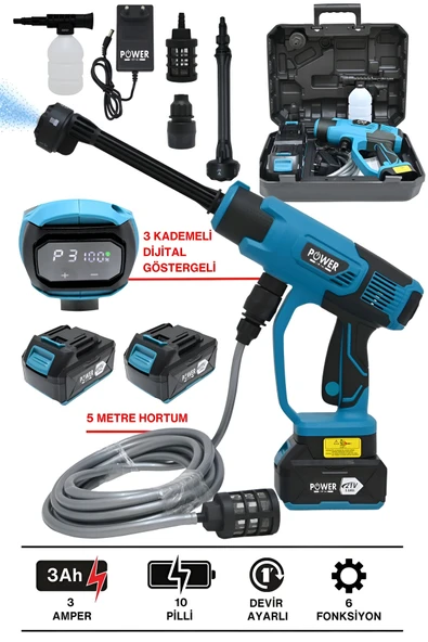 POWER BLACK ŞARJLI OTO YIKAMA MAKİNESİ DİJİTAL GÖSTEGELİ DOKUNMATİK EKRANLI 100 BAR 10 PİLLİ 21 V ürün görseli 1