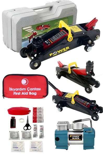 POWER BLACK İLK YARDIM HAVA KOMPRESÖRÜ 2 TON TİMSAH KRİKO MUHTEŞEM 3 LÜ SET ürün görseli 1