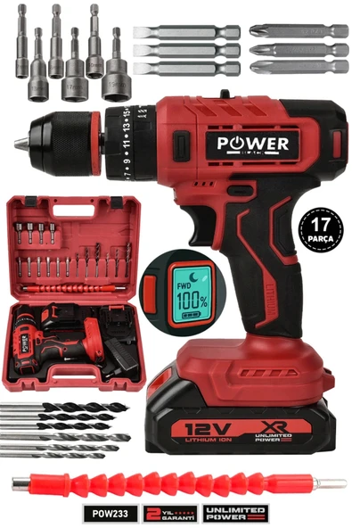 POWER BLACK 17 parça dijital göstergeli 2 batarya 1 şarj cihazlı matkap ürün görseli 1