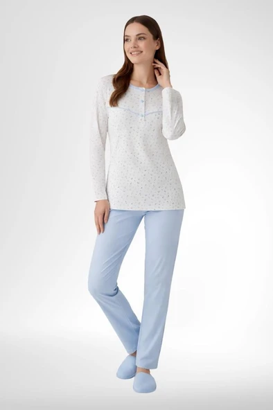 Mecit 6361 Mavi %100 Pamuk Büyük Beden Kadın Pijama Takımı ürün görseli 1