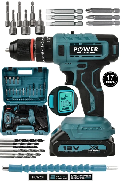 POWER BLACK 17 parça dijital göstegeli 2 bataryalı 1 şarj cihazlı matkap ürün görseli 1
