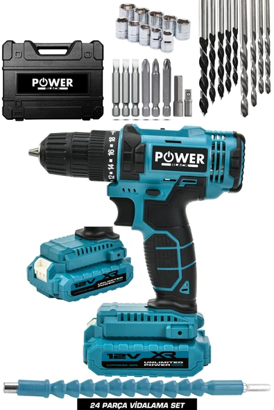POWER BLACK Şarjlı Matkap Çift Akülü 24 Parça Plastik Mandren Sarı ürün görseli 1