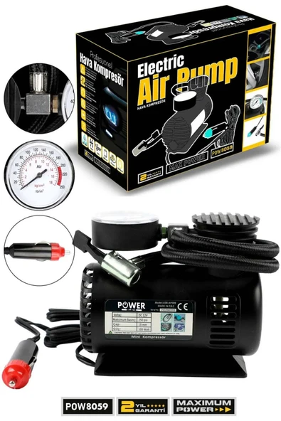 POWER BLACK 12 V MİNİ ÇAKMAKLIK HAVA KOMPRÖSÖRÜ TOP MOTOR BİSİKLET HAVA ŞİŞİRME 250 PS ürün görseli 1