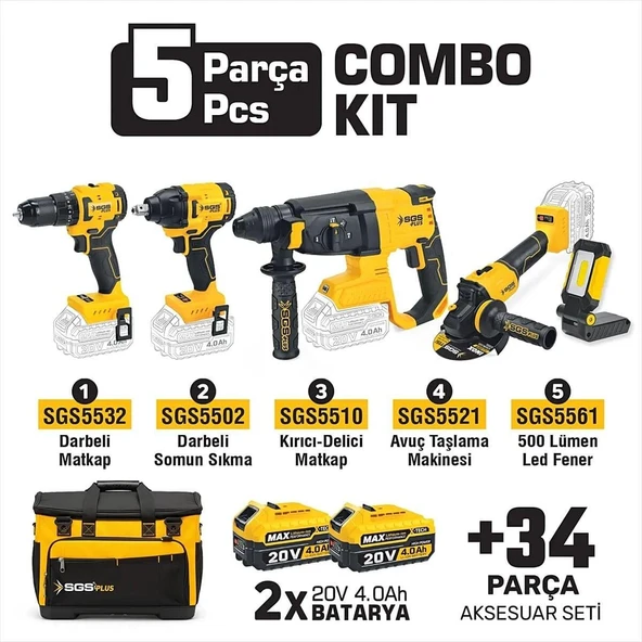SGS SGS5451 5 Parça Profesyonel Akülü Combo Set – Darbeli Matkap, Kırıcı Delici, Avuç Taşlama, Somun Sıkma ve LED Fener Seti ürün görseli 1